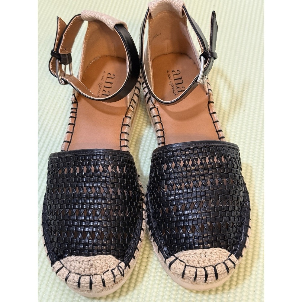 Ana 6  Black Tan Espadrille Low Wedge Ankle Strap Sandles Spring Boho Summer